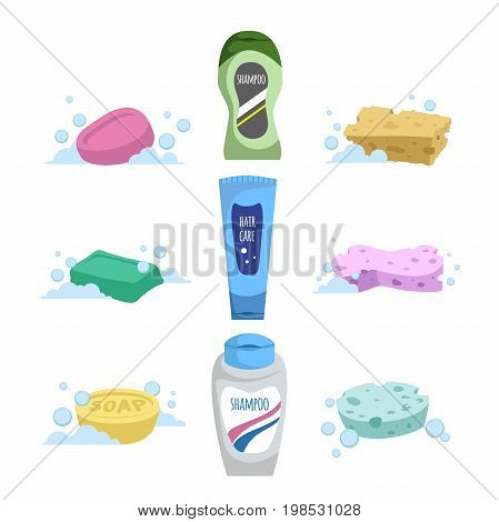Cartoon clean bath set. Shampoo and liquid soap with dispenser soap and colorful spoonges. Trendy stylized vector icon collection.