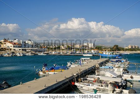 View of Zygi fishing village in Cyprus from the marina in ealy summer.