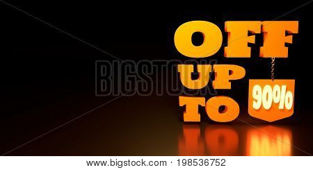 90 Percent Discount Sign. Special Offer Discount Tag. Sale Up to 90 Percent Off. Shield hanging from a chain. 3D rendering