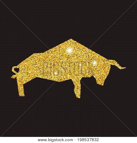 Golden bull silhouette on black background. Bull with dust glitters.