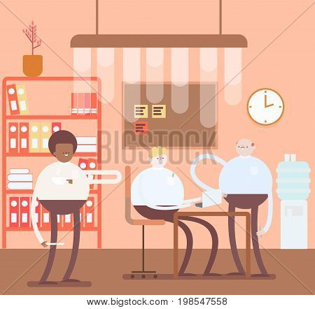 Team offices work. Shared working environment. Working at the computers in the open space office. Flat design style