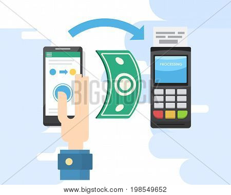 Mobile payments and near field communication. Transaction and paypass and NFC holding phone. Vector illustration