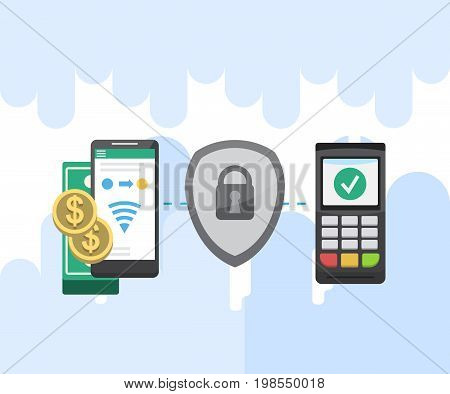 Mobile payments and near field communication. Transaction and paypass and NFC holding phone. Vector illustration