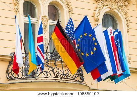Flags of the World in front of a Buiding.