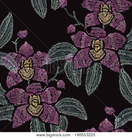 Elegant seamless pattern with hand drawn decorative orchid flowers design elements. Floral pattern for invitations cards wallpapers print gift wrap manufacturing fabrics. Embroidery style