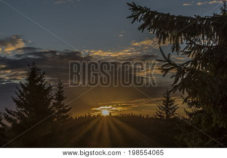 Sunrise on Velky Javonik hill in summer Slovakia morning