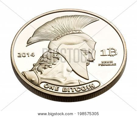 Golden bitcoin coin isolated on white. High resolution photo.