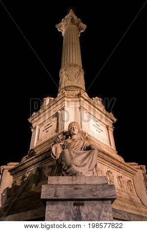 Column of Pedro IV on Rossio Square, Pedro IV Square, Praca de D. Pedro IV in the city of Lisbon at night, in Portugal