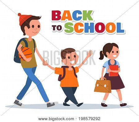 Group of kids with backpacks go to school. Flat colorful illustration. Cartoon style. Vector eps 10.