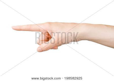 Pointing finger. Woman hand showing pointing or touching something. Isolated on white clipping path included