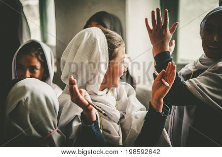 SKARDU, PAKISTAN - APRIL 17: An unidentified Children in a village in the south of Skardu are learning in the classroom of the village school April 17, 2015 in Skardu, Pakistan