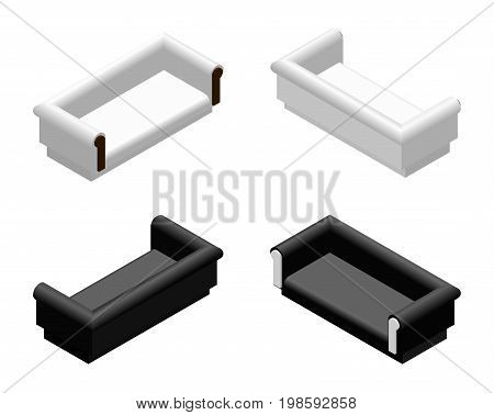 Black and white sometric soft sofa in different projections. Couch for living room or lounge. Furniture design vector illustration set