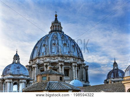 ROME, ITALY - JANUARY 18, 2017 Domes Roof Saint Peter's Basilica Vatican Rome Italy. Michaelangelo built dome in the 1600s.
