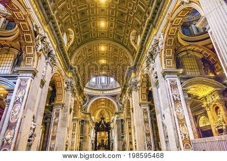 ROME, ITALY - JANUARY 18, 2017 Nave Saint Peter's Basilica Bernini Baldacchino Holy Spirit Dove Vatican Rome Italy. Baldacchino Canopy built in 1600s over altar and St. Peter's tomb