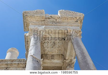 Ancient city Sagalassos ruins columns, sculpture and big stones