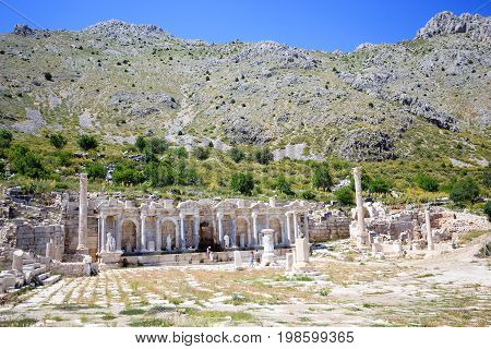 View of agora at ancient city of Sagalassos with mountain on background