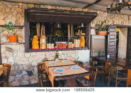Coralejo, Fuerteventura Island, Spain - April 03, 2017: Street View Of Corralejo With Bars And Resta