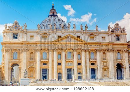 St. Peter's Square And St. Peter's Basilica, Vatican City In The Day Time, Tourist Around. Italy.
