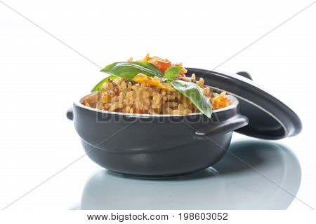 Pilaf with beef, carrots, onions, garlic, pepper and cumin. A traditional dish of Asian cuisine.