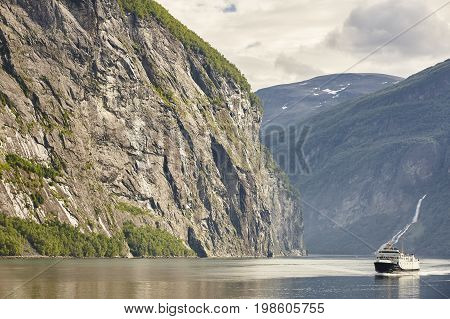 Norwegian fjord landscape. Storfjorden. Hellesylt Geiranger cruise travel. Tourism