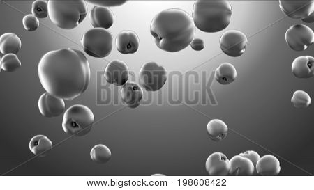 3d rendering flying of silver apricots on clear and bright background. Metallic fruits. High resolution 3D image. 3d illustration