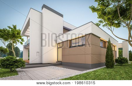 3D Rendering Of Modern House At Evening