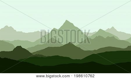panoramic view of the mountain landscape with fog in the valley below with the alpenglow green sky and rising sun - vector