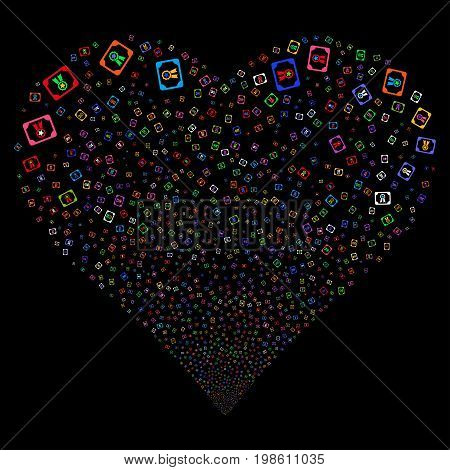 Diploma fireworks with heart shape. Vector illustration style is flat bright multicolored iconic symbols on a black background. Object stream combined from scattered pictographs.