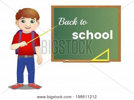Young student is standing near the training board. Pupil of a school, college and university at the blackboard.