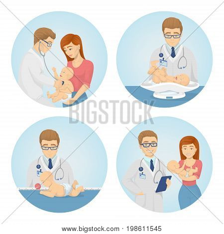 Babay care set. Doctor examines newborn baby with mother.