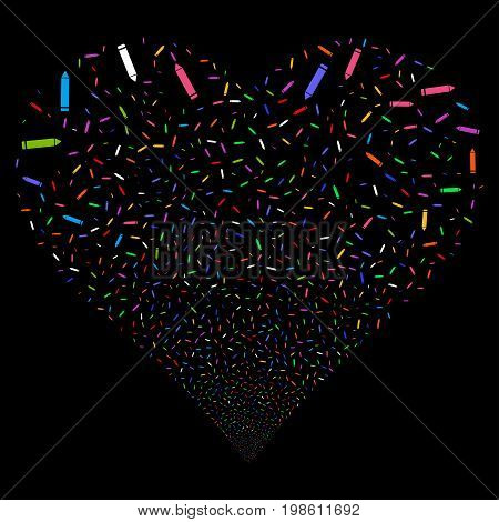 Edit Pencil fireworks with heart shape. Vector illustration style is flat bright multicolored iconic symbols on a black background. Object stream constructed from scattered symbols.