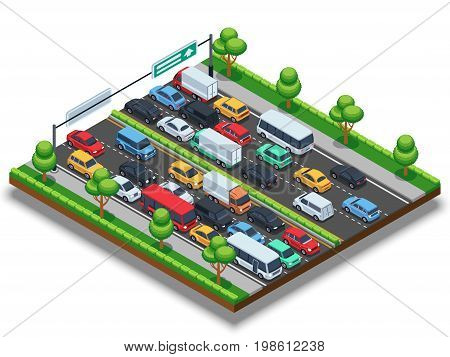Isometric highway with traffic jam. 3d transportation vector concept with cars and trucks. Car on highway in traffic jam illustration