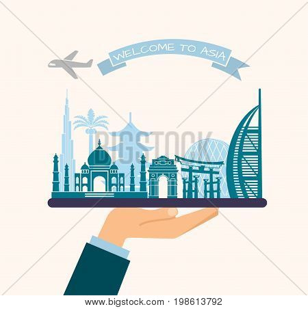 The hand holds the sights of Asia on a tray. The plane and the words welcome to Asia on the ribbon