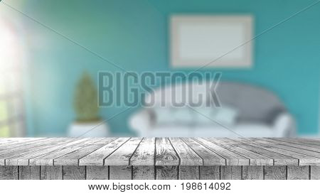 3D render of a wooden table looking out to a defocussed room interior with sun shining in the window