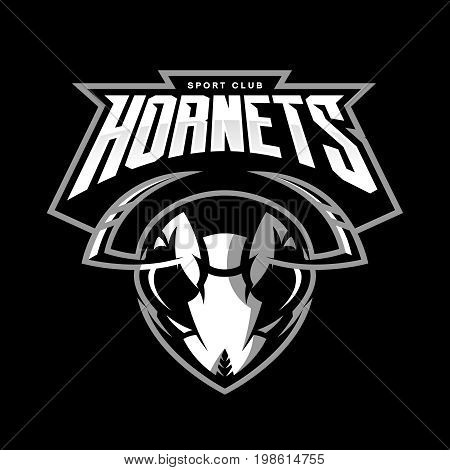 Furious hornet head athletic club vector logo concept isolated on black background. 
Modern sport team mascot badge design. Premium quality wild insect emblem t-shirt tee print illustration.