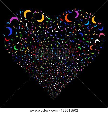 Moon fireworks with heart shape. Vector illustration style is flat bright multicolored iconic symbols on a black background. Object salute made from scattered icons.