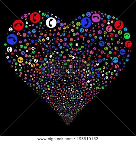 Phone Number fireworks with heart shape. Vector illustration style is flat bright multicolored iconic symbols on a black background. Object stream done from scattered icons.