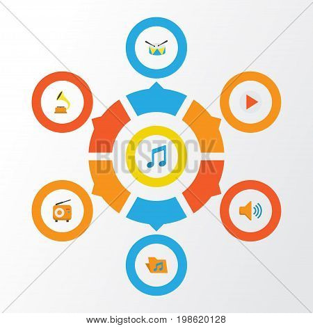 Music Flat Icons Set. Collection Of Portfolio, Audio, Button And Other Elements