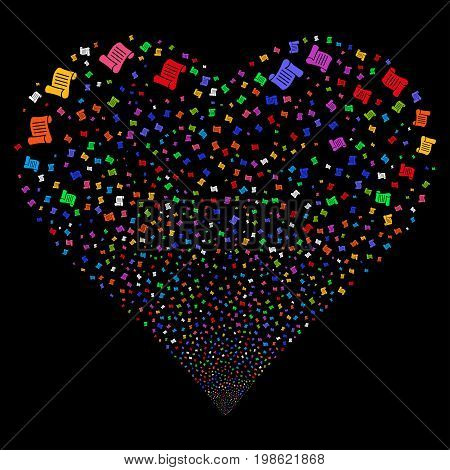 Script Roll fireworks with heart shape. Vector illustration style is flat bright multicolored iconic symbols on a black background. Object salute created from scattered pictograms.