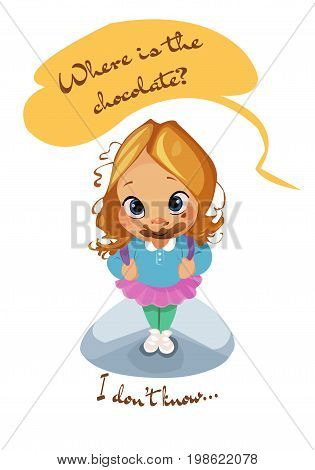 Digital vector funny comic cartoon pupil kid girl mouth full of dessert, i do not know where is the chocolate, dirty face, abstract realistic flat style