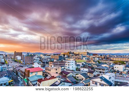 Kyoto, Japan skyline at dusk.