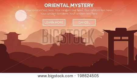 Illustration of an evening dask oriental chinese zen landscape scene, ancient buildings, buddist pagoda, gate, hills and mountains. Web header banner template.