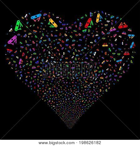 Universal Army Knife fireworks with heart shape. Vector illustration style is flat bright multicolored iconic symbols on a black background. Object salute combined from scattered design elements.