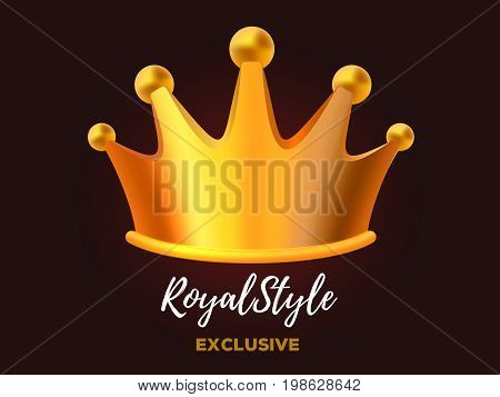 Royal crown award for winner, leadership, champion, event, festival. 3d design of gold crown. Realistic vector illustration of shiny golden metal king crown on dark background with text
