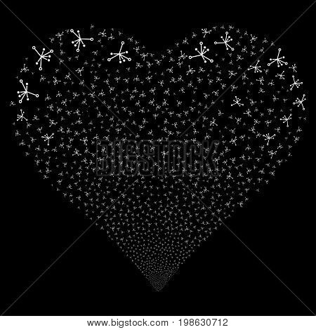 Big Bang fireworks with heart shape. Vector illustration style is flat white iconic symbols on a black background. Object salute created from scattered symbols.