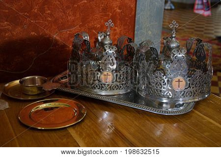Alchevsk, Ukraine - April 28, 2017: Wedding Ceremony For Newlyweds In The Church