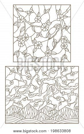 Set of planimetric illustrations of stained-glass windows with the blossoming branches of trees