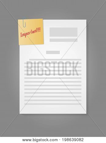 Blank paper sheet with attach note with important text message. Vector icon, sigt or symbol