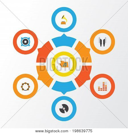 Audio Flat Icons Set. Collection Of Portfolio, Controlling, Shellac And Other Elements