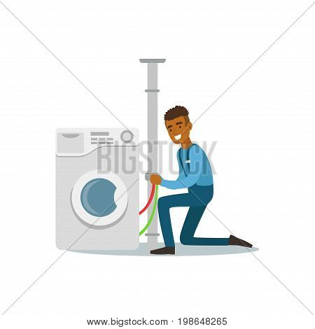 Proffesional plumber man character installing washing machine, plumbing work vector Illustration on a white background